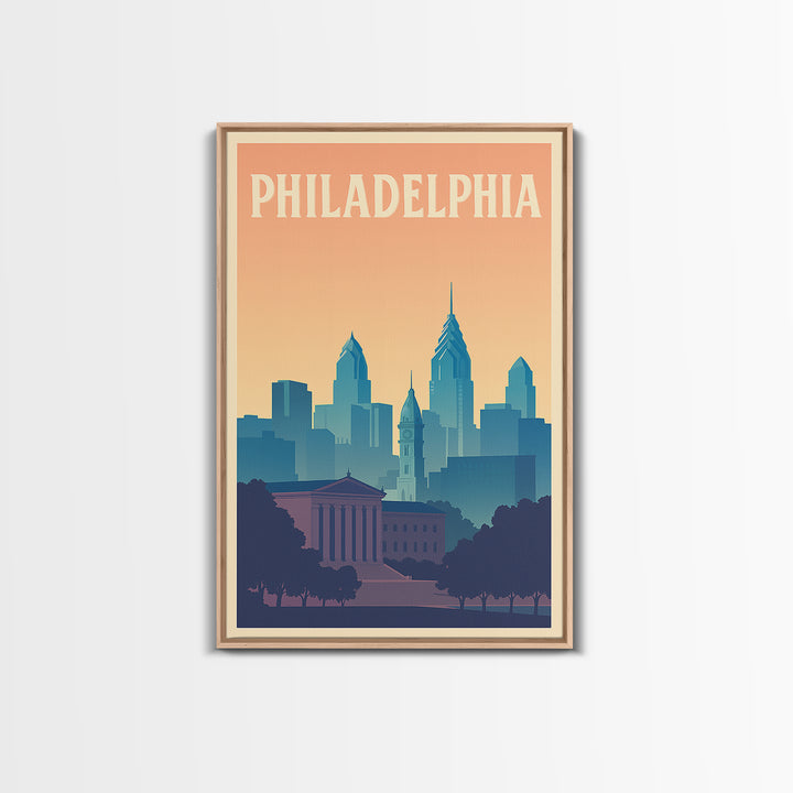 Philadelphia Travel Poster, Framed Canvas Print, Retro Sunset Skyline Art, Philadelphia City Art, Retro Travel Print, City Travel Prints