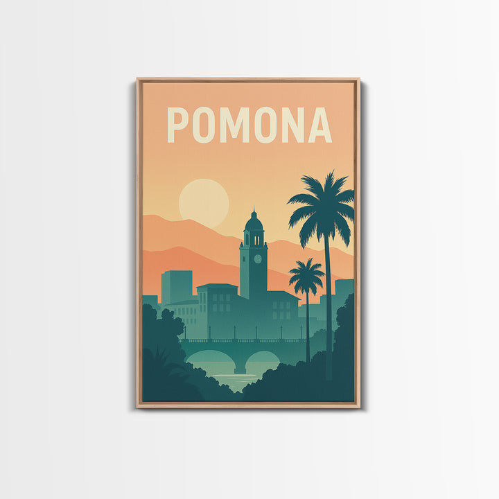 Pomona Travel Poster, Canvas Print, Retro Sunset Skyline Art, Pomona Travel Art, City Illustration, City Art Print, Travel Poster Art