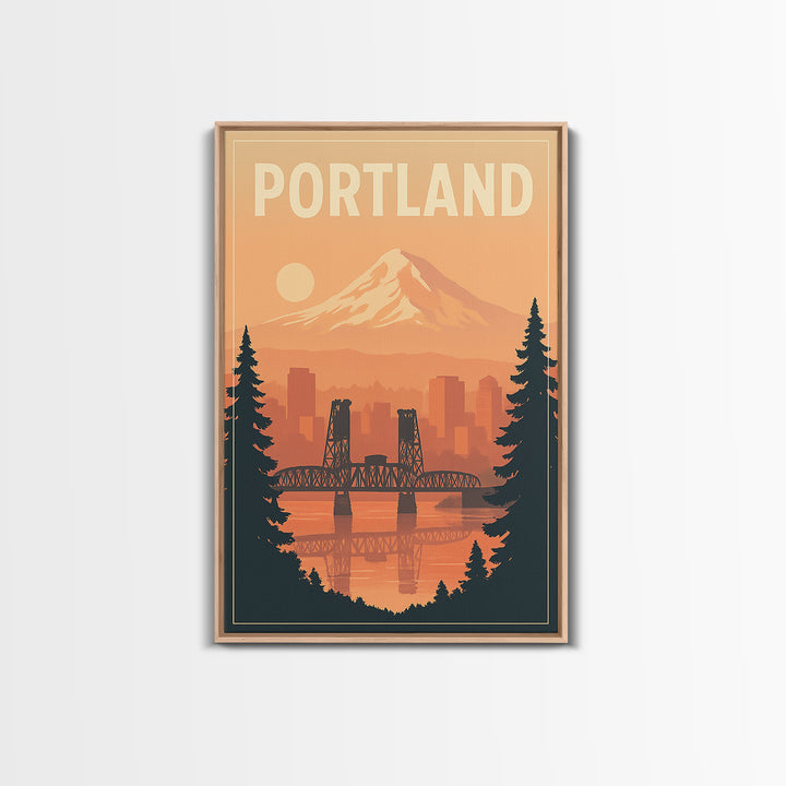 Portland Oregon Travel Poster, Framed Canvas Print, Retro Sunset Skyline Art, Portland Travel Art, City Illustration, Travel Poster Art