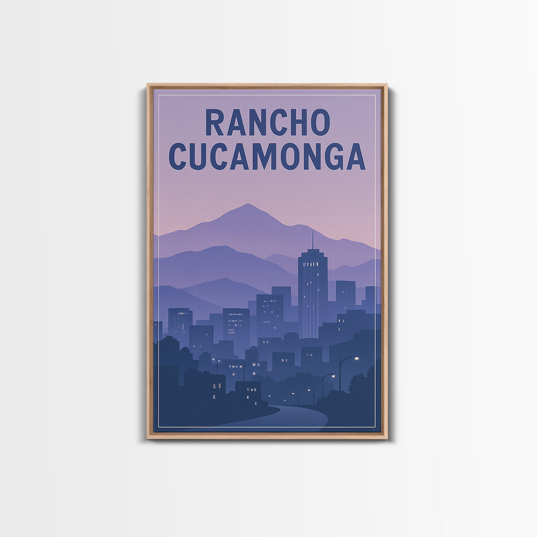 Rancho Cucamonga California Travel Poster, Framed Canvas Print, Retro Sunset Skyline Art, Rancho Cucamonga Poster Print, Eclectic Wall Decor