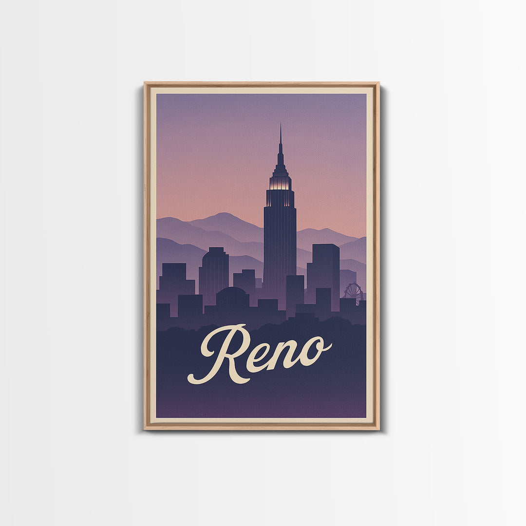 Reno Travel Poster, Canvas Print, Retro Sunset Skyline Art, Reno Art Print, City Illustration, Wanderlust Decor, Mid Century Wall Art