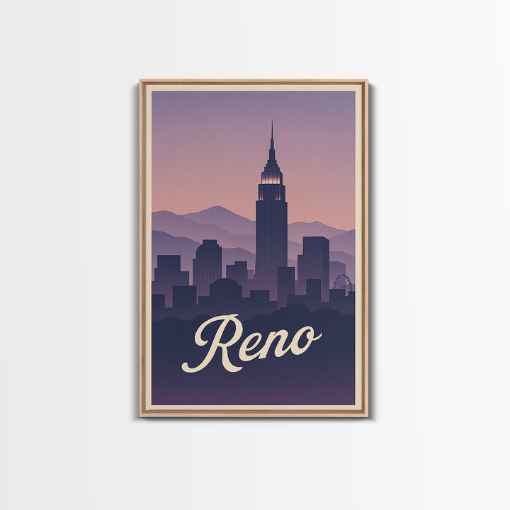 Reno Travel Poster, Canvas Print, Retro Sunset Skyline Art, Reno Art Print, City Illustration, Wanderlust Decor, Mid Century Wall Art
