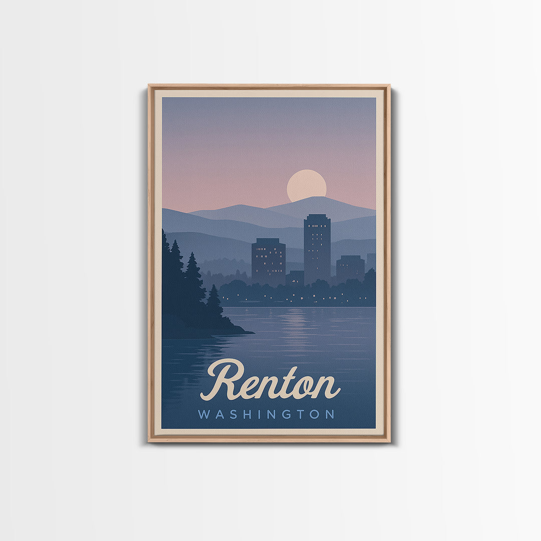 Renton Travel Poster, Framed Canvas Print, Mid Century City Wall Art, Renton Wall Art, Home Office Decor, Travel Wall Decor, Art Print