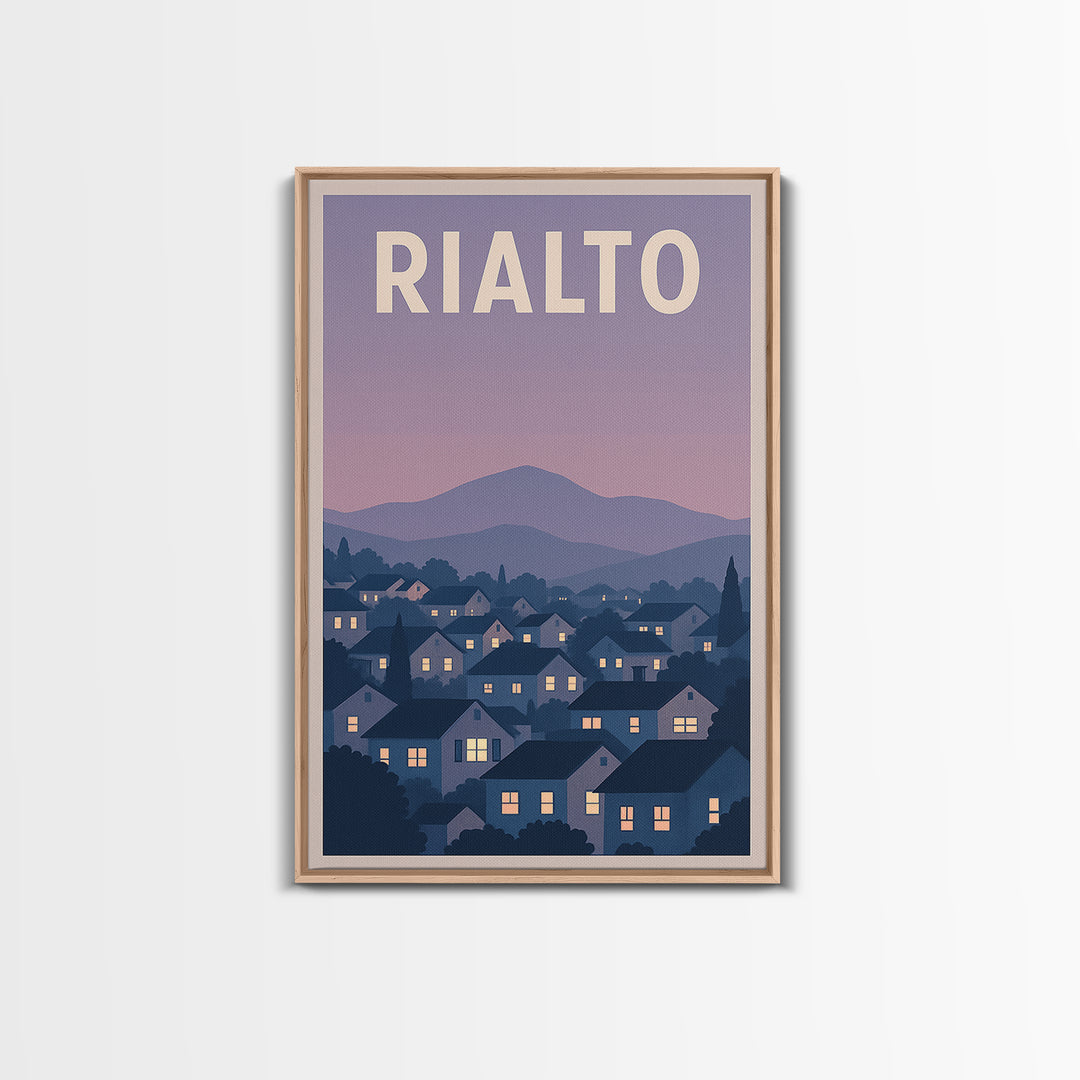 Rialto Travel Poster, Framed Canvas Print, Retro Sunset Skyline Art, Rialto Wall Art, Watercolor Skyline Art, Travel Poster Art, Design 2