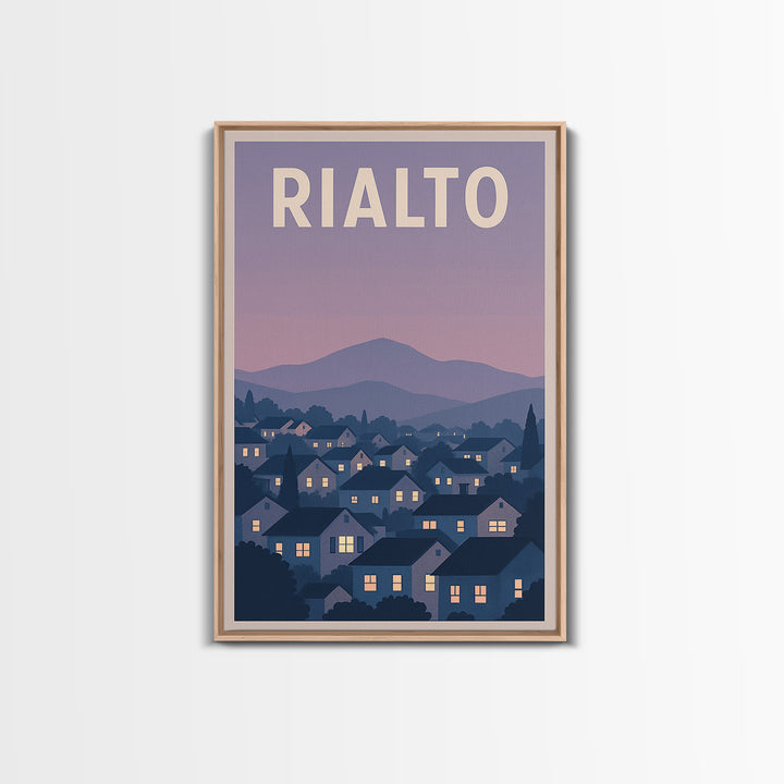 Rialto Travel Poster, Framed Canvas Print, Retro Sunset Skyline Art, Rialto Wall Art, Watercolor Skyline Art, Travel Poster Art, Design 2