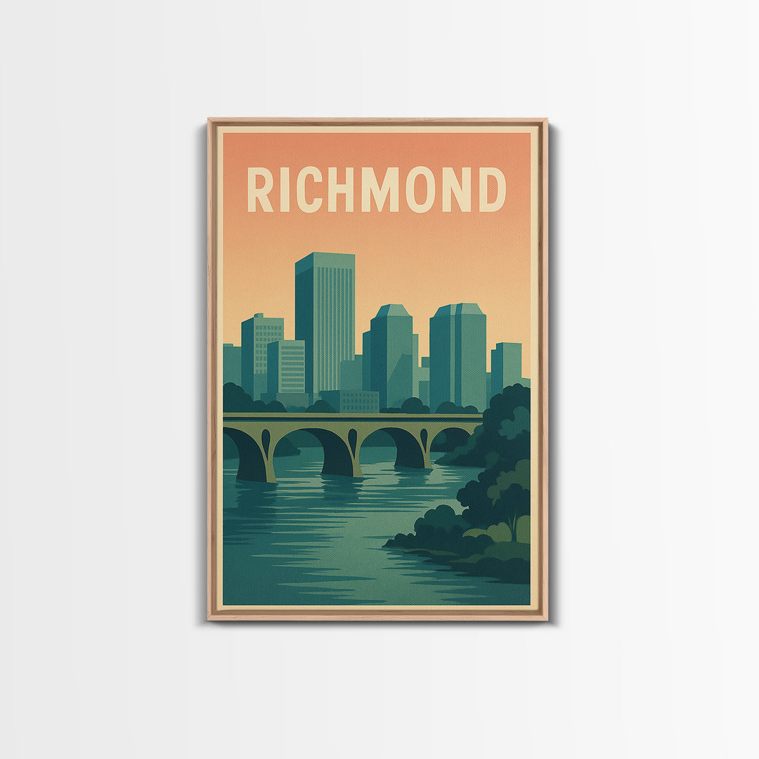 Richmond Virginia Travel Poster, Canvas Print, Retro Sunset Skyline Art, Richmond Poster Print, Watercolor Cityscape, Retro Travel Print