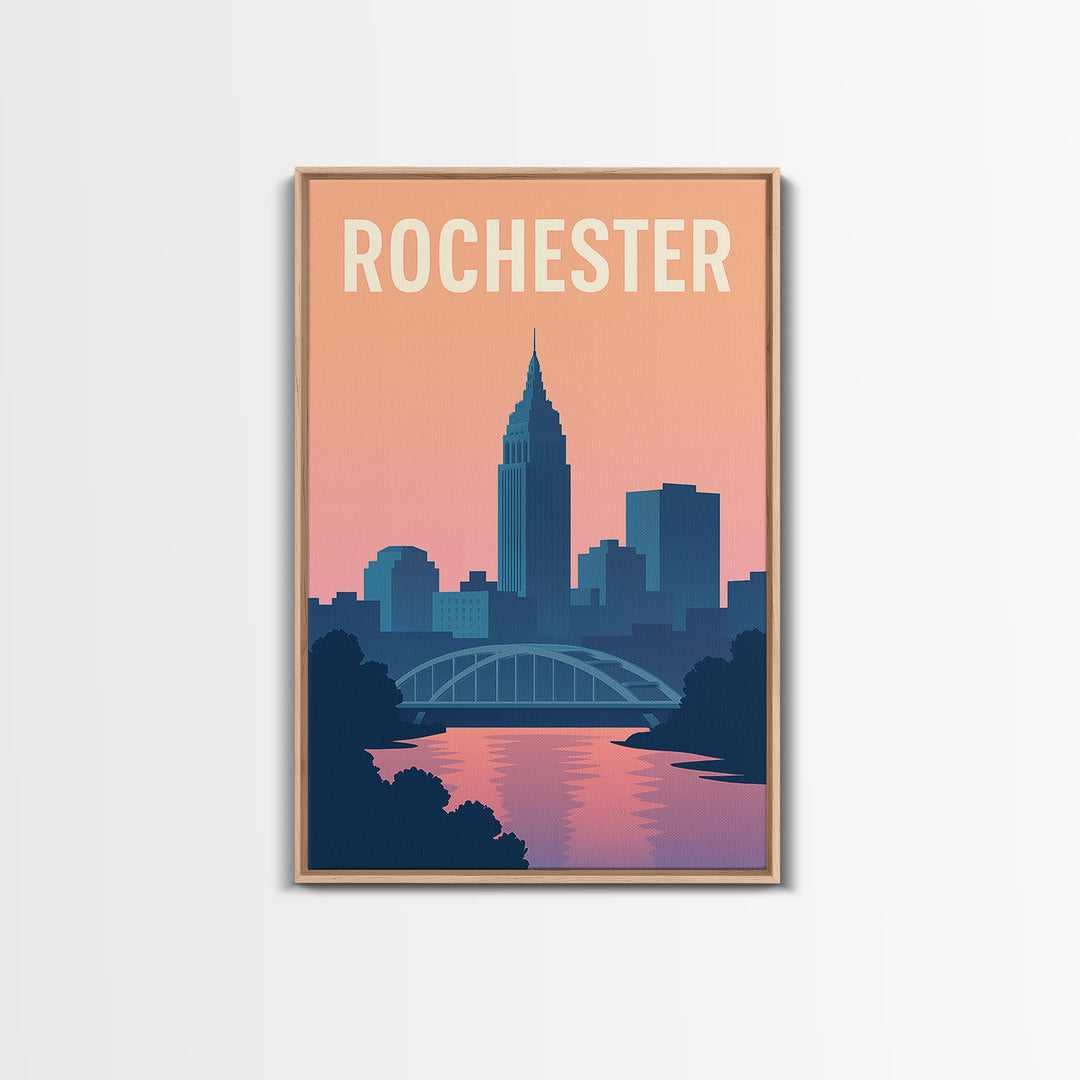 Rochester Travel Poster, Framed Canvas Print, Mid Century City Wall Art, Rochester Travel Art, City Art Print, Vintage City Poster
