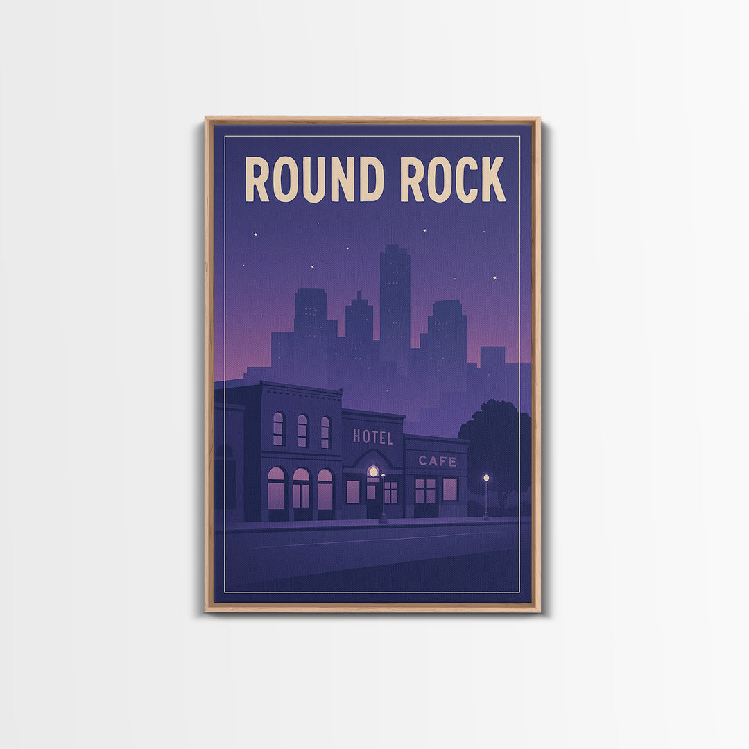 Round Rock Travel Poster, Framed Canvas Print, Retro Sunset Skyline Art, Round Rock Poster Print, Travel Art Print, Living Room Wall Art