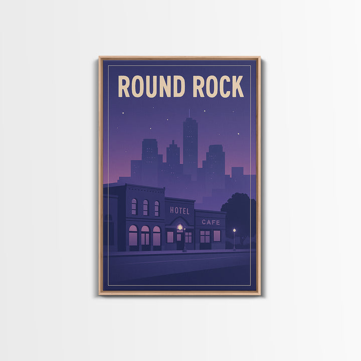 Round Rock Travel Poster, Framed Canvas Print, Retro Sunset Skyline Art, Round Rock Poster Print, Travel Art Print, Living Room Wall Art