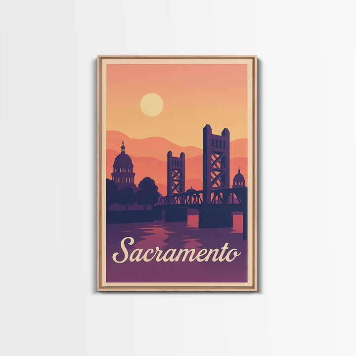 Sacramento California Travel Poster, Canvas Print, Retro Sunset Skyline Art, Sacramento Art Print, Wall Art, Mid Century Wall Art