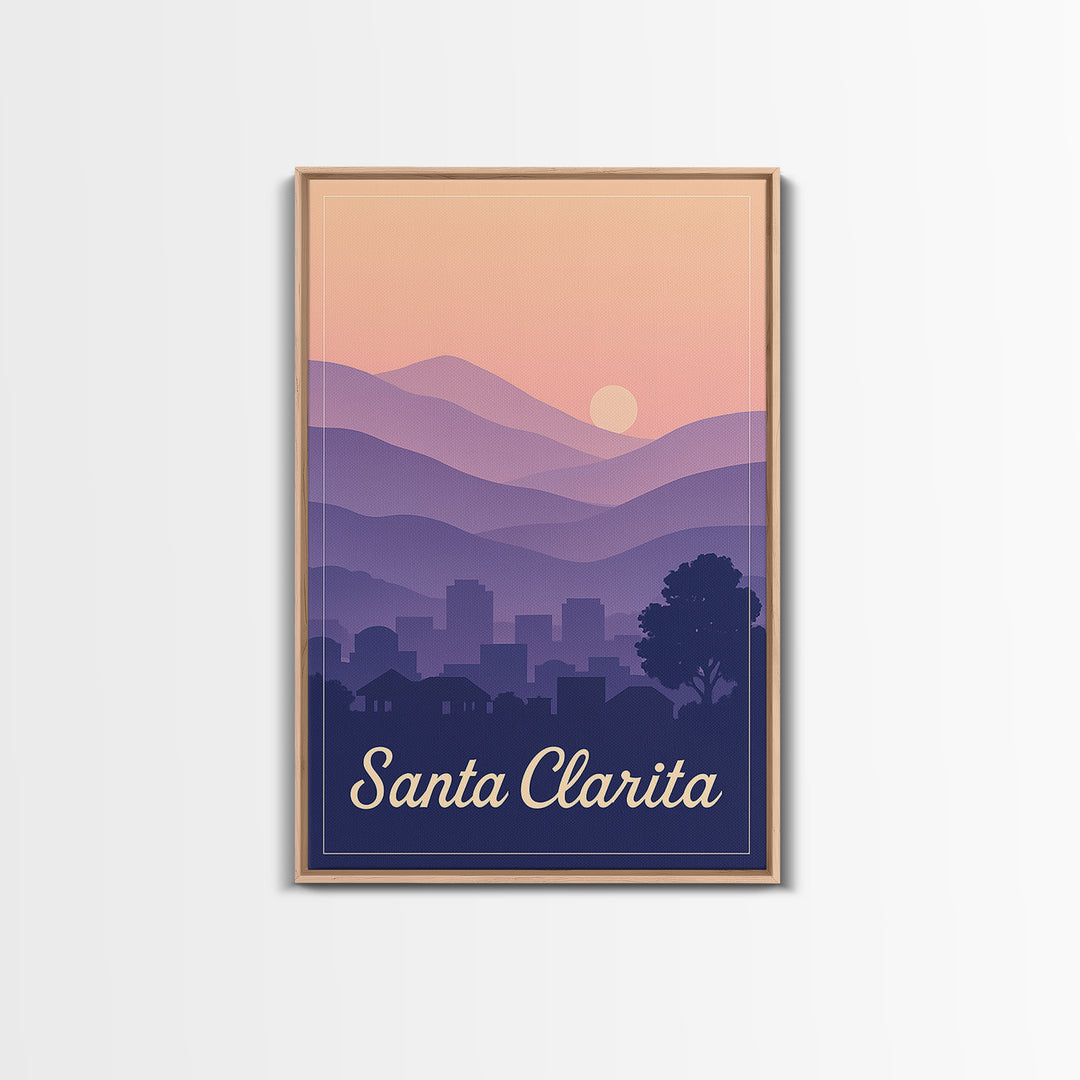 Santa Clarita Travel Poster, Framed Canvas Print, Retro Sunset Skyline Art, Santa Clarita Art Print, Travel Wall Decor, Modern Wall Decor