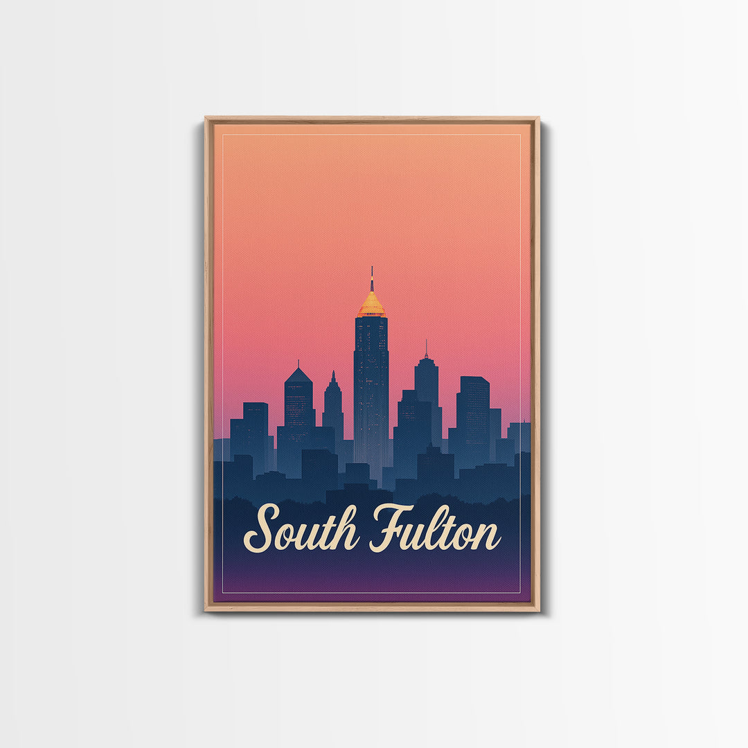 South Fulton Georgia Travel Poster, Canvas Print, Retro Sunset Skyline Art, South Fulton Wall Art, Gift For Travelers, Mid Century Wall Art