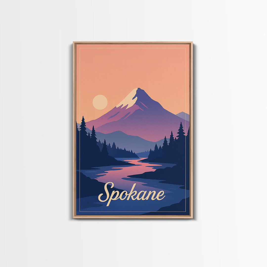 Spokane Washington Travel Poster, Canvas Print, Retro Sunset Skyline Art, Spokane Travel Art, Retro Travel Print, Watercolor Urban Skyline