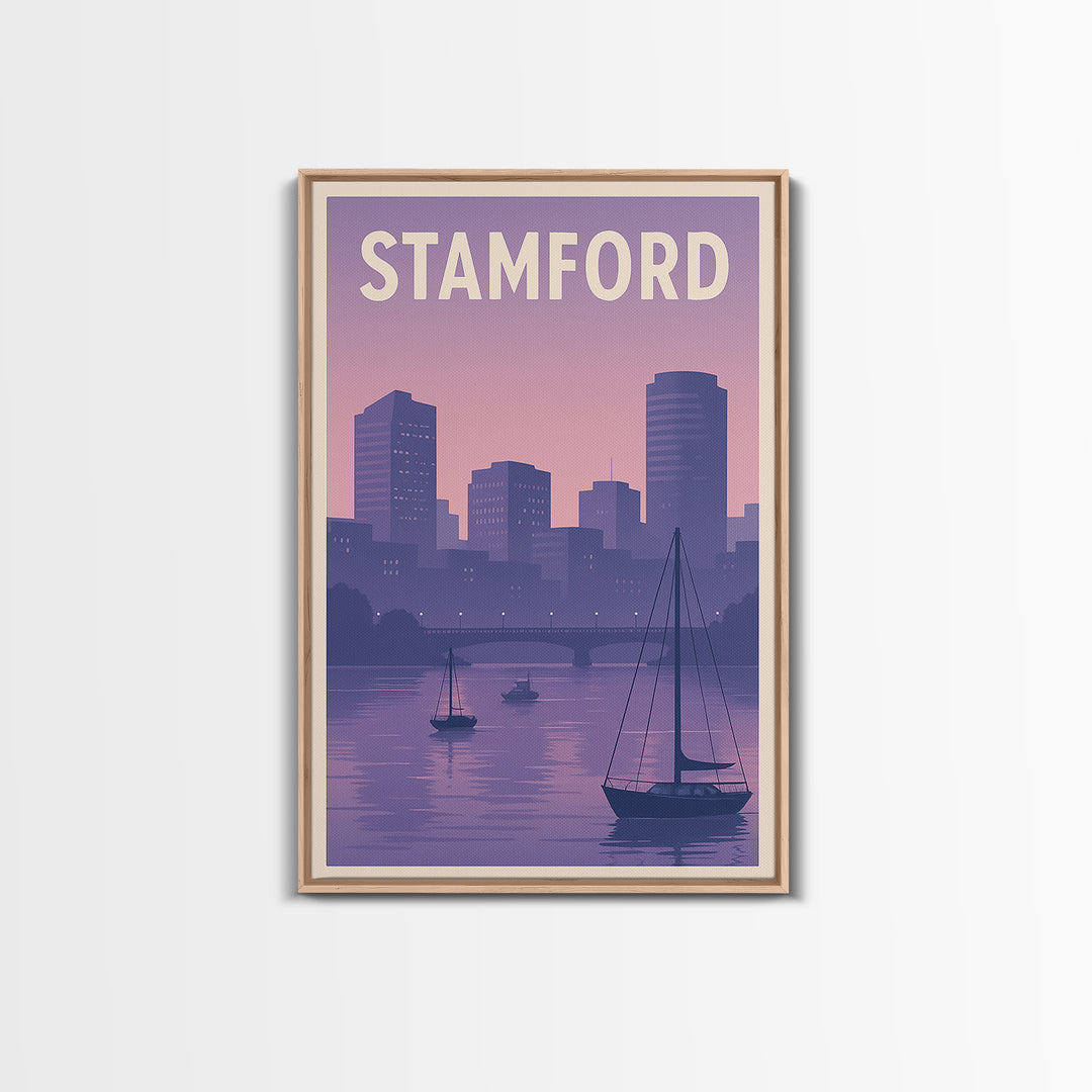 Stamford Travel Poster, Framed Canvas Print, Mid Century City Wall Art, Stamford Travel Art, Travel Poster Art, City Illustration