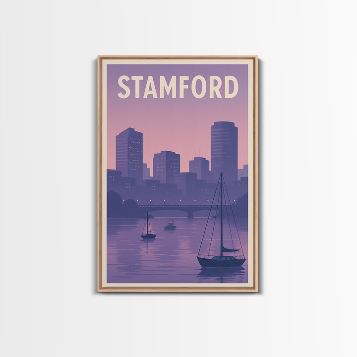Stamford Travel Poster, Framed Canvas Print, Mid Century City Wall Art, Stamford Travel Art, Travel Poster Art, City Illustration