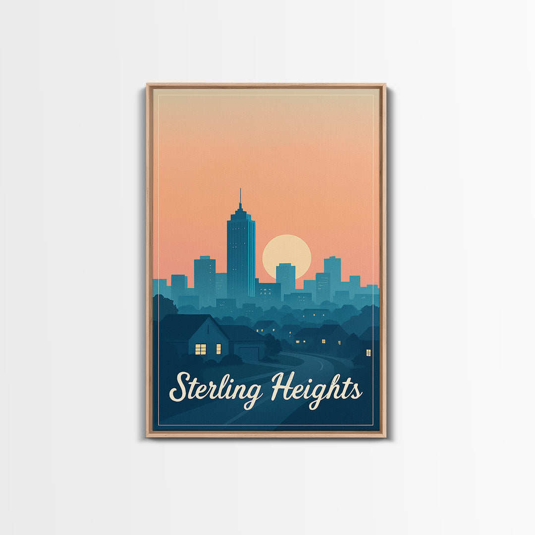 Sterling Heights Michigan Travel Poster, Framed Canvas Print, Retro Sunset Skyline Art, Sterling Heights Wall Art, City Travel Prints