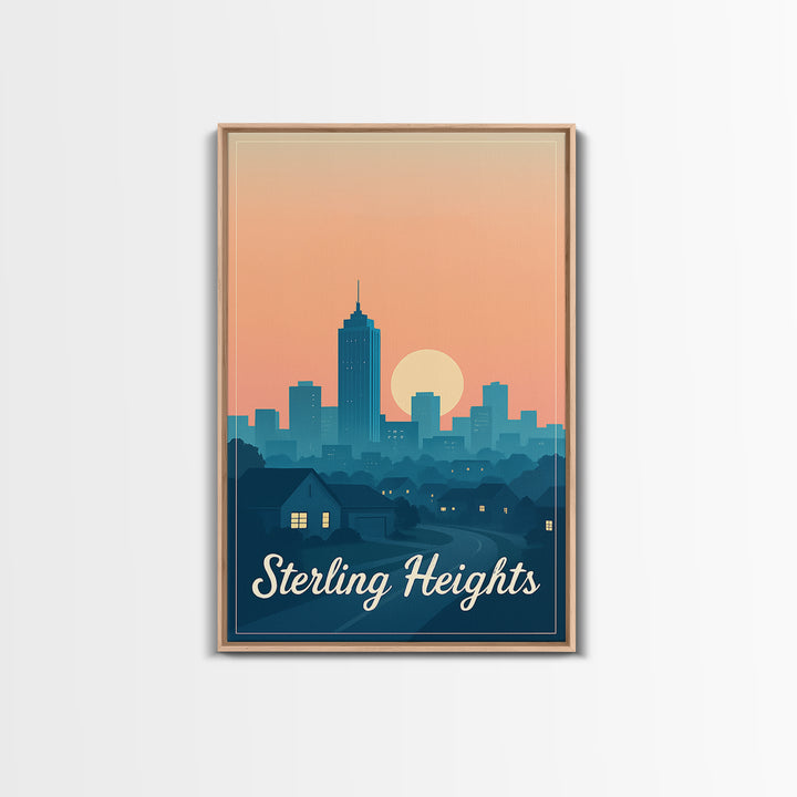 Sterling Heights Michigan Travel Poster, Framed Canvas Print, Retro Sunset Skyline Art, Sterling Heights Wall Art, City Travel Prints