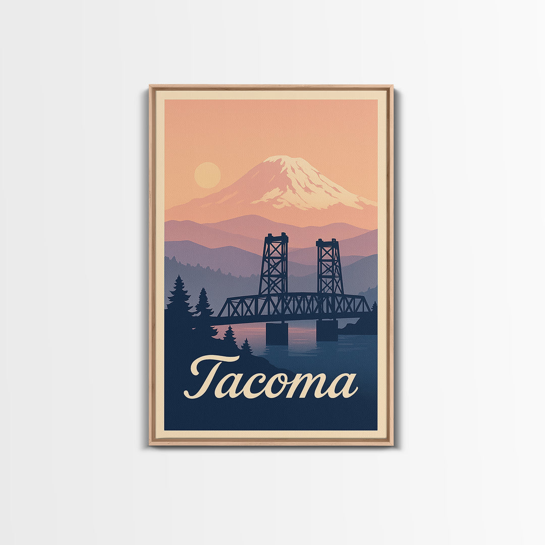 Tacoma Washington Travel Poster, Framed Canvas Print, Retro Sunset Skyline Art, Tacoma Poster Print, Eclectic Wall Decor, City Travel Prints