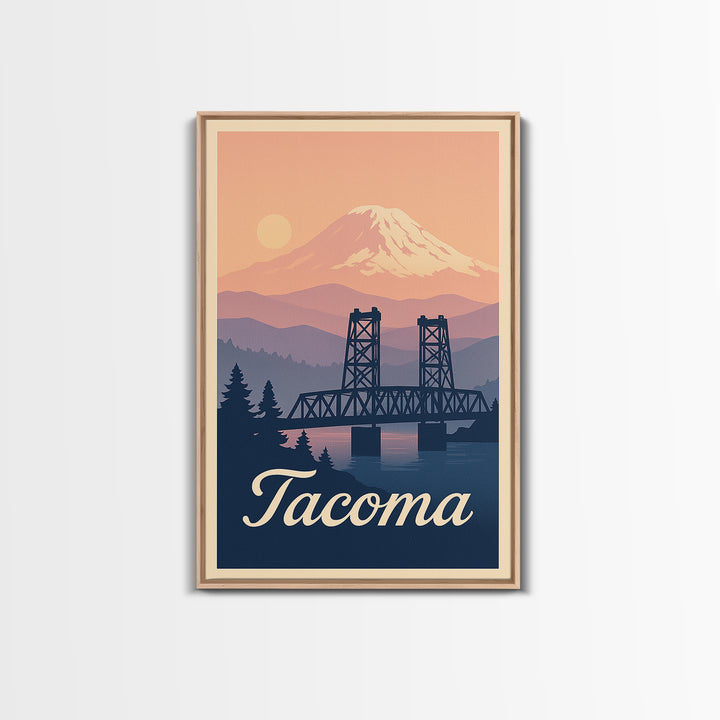 Tacoma Washington Travel Poster, Framed Canvas Print, Retro Sunset Skyline Art, Tacoma Poster Print, Eclectic Wall Decor, City Travel Prints