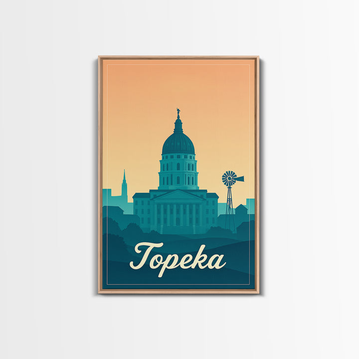 Topeka Kansas Travel Poster, Canvas Print, Retro Sunset Skyline Art, Topeka City Art, Gift For Travelers, Wall Art, Travel Art Print