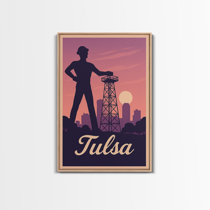 Tulsa Travel Poster, Framed Canvas Print, Retro Sunset Skyline Art, Tulsa Poster Print, Retro Travel Print, City Art Print, Travel Decor