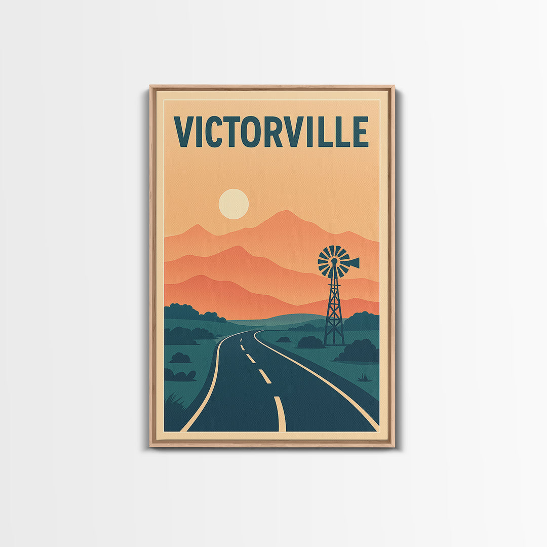 Victorville Travel Poster, Framed Canvas Print, Retro Sunset Skyline Art, Victorville Wall Art, City Art Print, Travel Poster Art