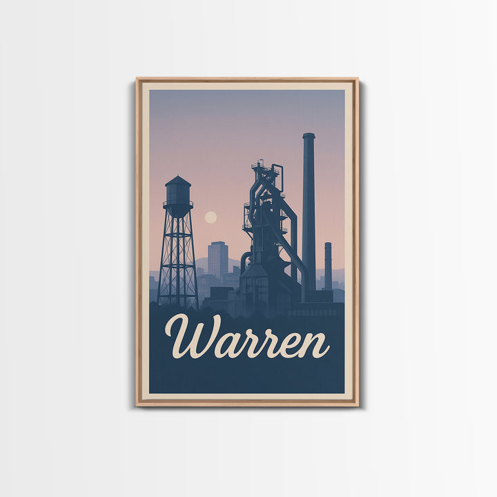 Warren Travel Poster, Framed Canvas Print, Retro Sunset Skyline Art, Warren City Art, Mid Century Wall Art, Modern Wall Decor, Design 2