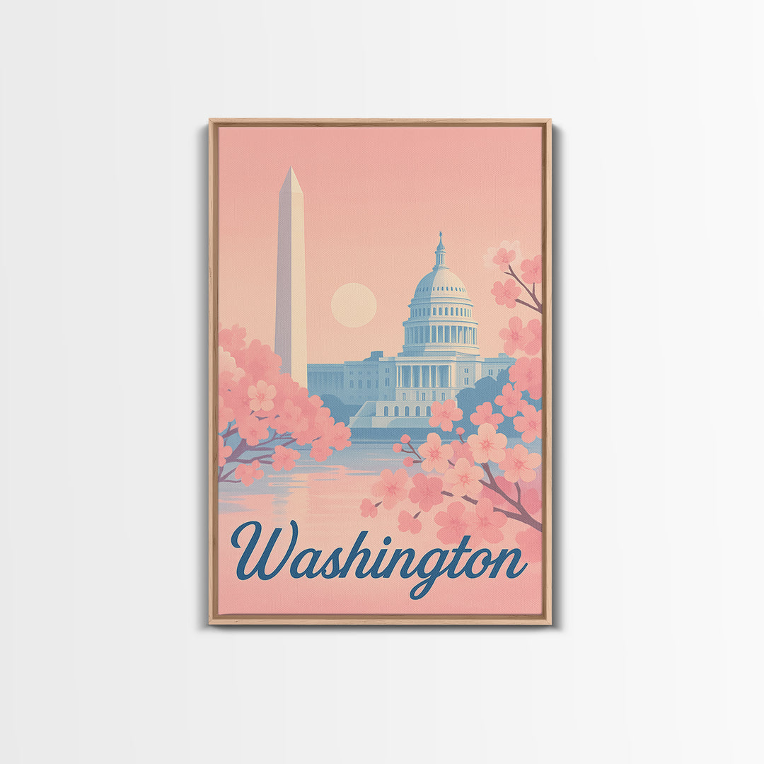 Washington Travel Poster, Framed Canvas Print, Retro Sunset Skyline Art, Washington Poster Print, Vintage City Poster, City Art Print