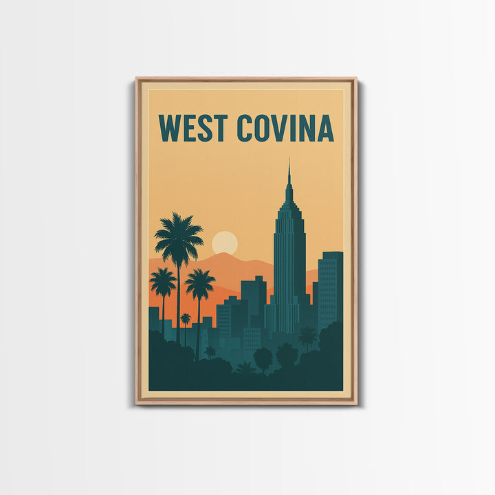 West Covina Travel Poster, Framed Canvas Print, Retro Sunset Skyline Art, West Covina Poster Print, Eclectic Wall Decor, Home Office Decor