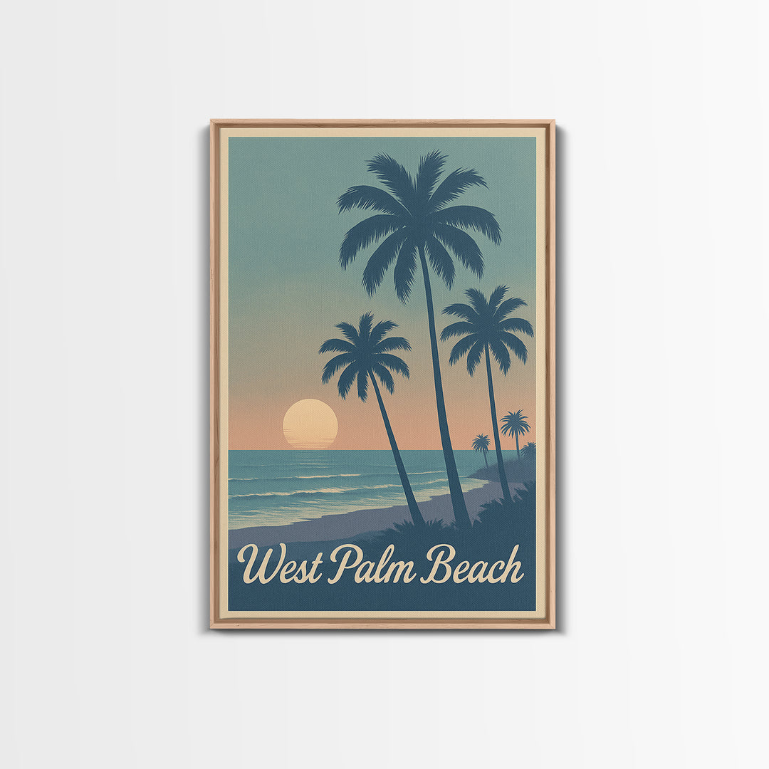 West Palm Beach Travel Poster, Framed Canvas Print, Retro Sunset Skyline Art, West Palm Beach Art Print, Fine Art Print, Travel Poster Art