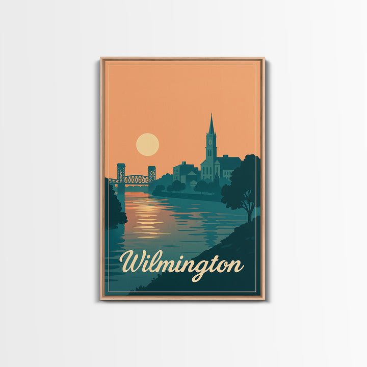 Wilmington North Carolina Travel Poster, Canvas Print, Mid Century City Wall Art, Wilmington Art Print, Wall Art, Watercolor Skyline Art