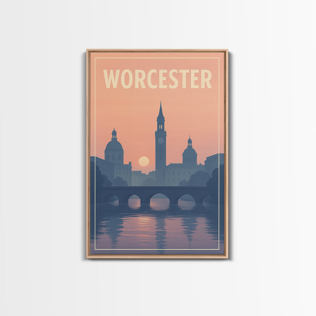 Worcester Massachusetts Travel Poster, Canvas Print, Sunset Skyline Art, Worcester Travel Art, Travel Poster Set, Watercolor City Skyline