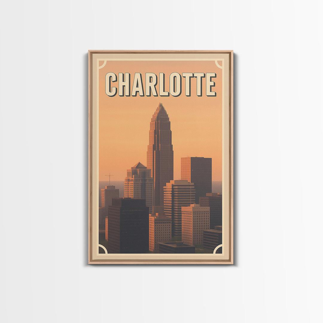 Charlotte Travel Poster, Framed Canvas Print, Vintage Theatre Style Art, Charlotte Poster Print, Gift For Travelers, Travel Poster Set
