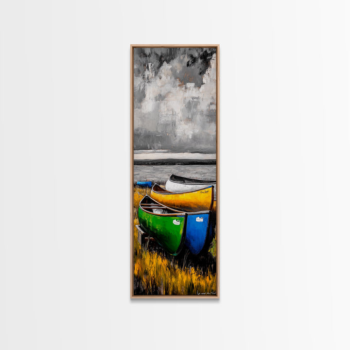 Abstract Canoe Painting Canvas Print Nautical Decor Rustic Wall Art Coastal Landscape Art Blue and Green Wall Art Tall Skinny Art