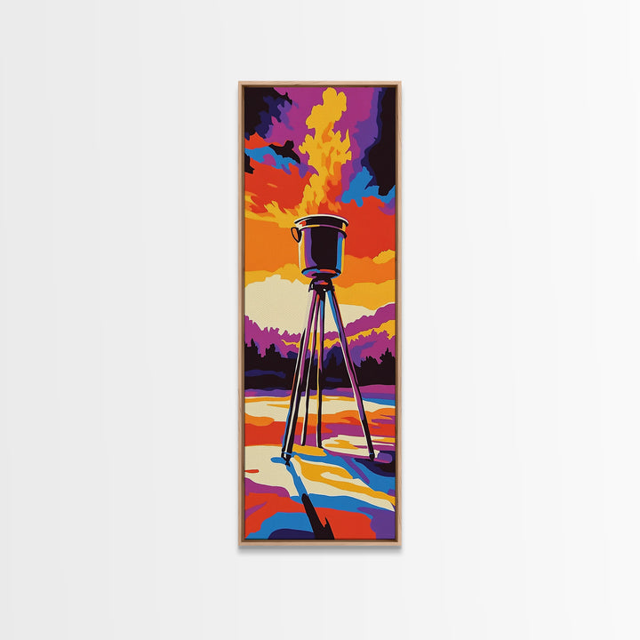 Campfire Under Sunset Framed Canvas Print Southwest Wall Art Rustic Art Moody Art Tall Skinny Art Living Room Art