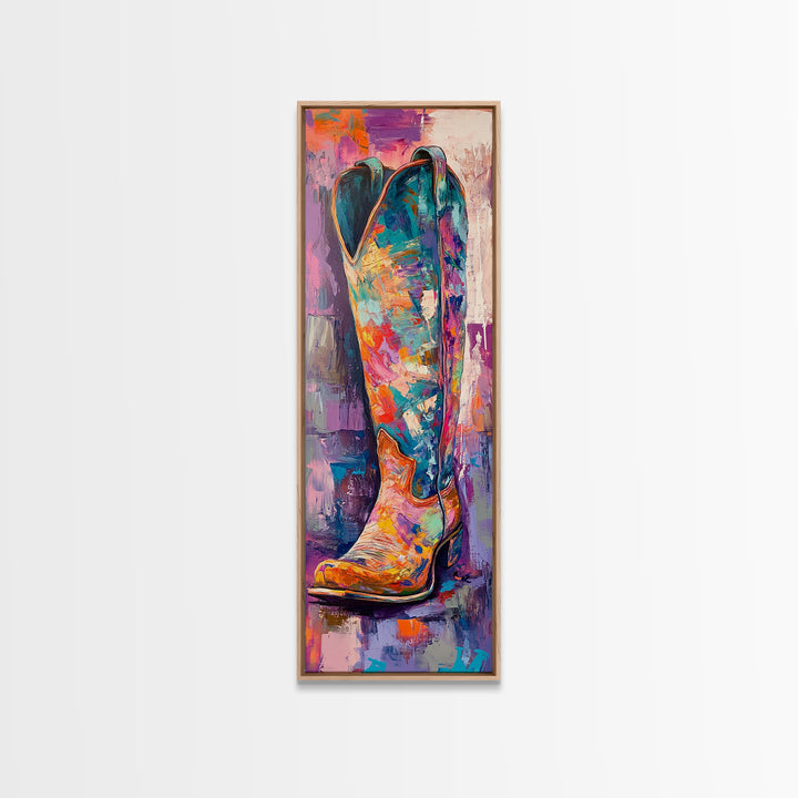 Colorful Cowboy Boot Oil Painting Framed Canvas Print, Whimsical Art, Rustic Wall Art, Extra Wide Art, Southwest Wall Art