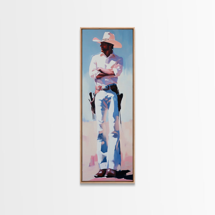 Western Cowboy in White Framed Canvas Print, Rustic Wall Art, Moody Art, Southwest Wall Art, Vintage Horse Art, Extra Wide Art