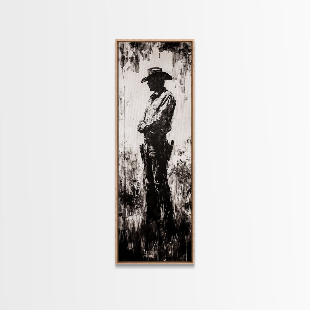 Black and White Cowboy Art Framed Canvas Print, Rustic Wall Art, Moody Art, Southwest Wall Art, Vintage Horse Art, Tall Narrow Art