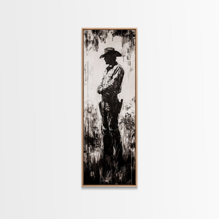 Black and White Cowboy Art Framed Canvas Print, Rustic Wall Art, Moody Art, Southwest Wall Art, Vintage Horse Art, Tall Narrow Art