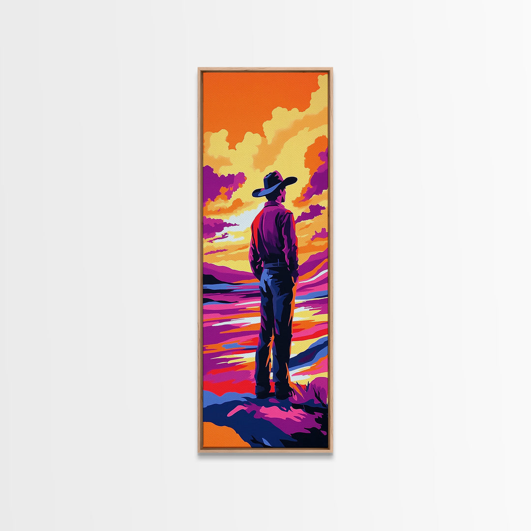 Colorful Sunset Cowboy Art Framed Canvas Print, Southwest Wall Art, Moody Art, Whimsical Art, Pink Orange Wall Art, Tall Narrow Art
