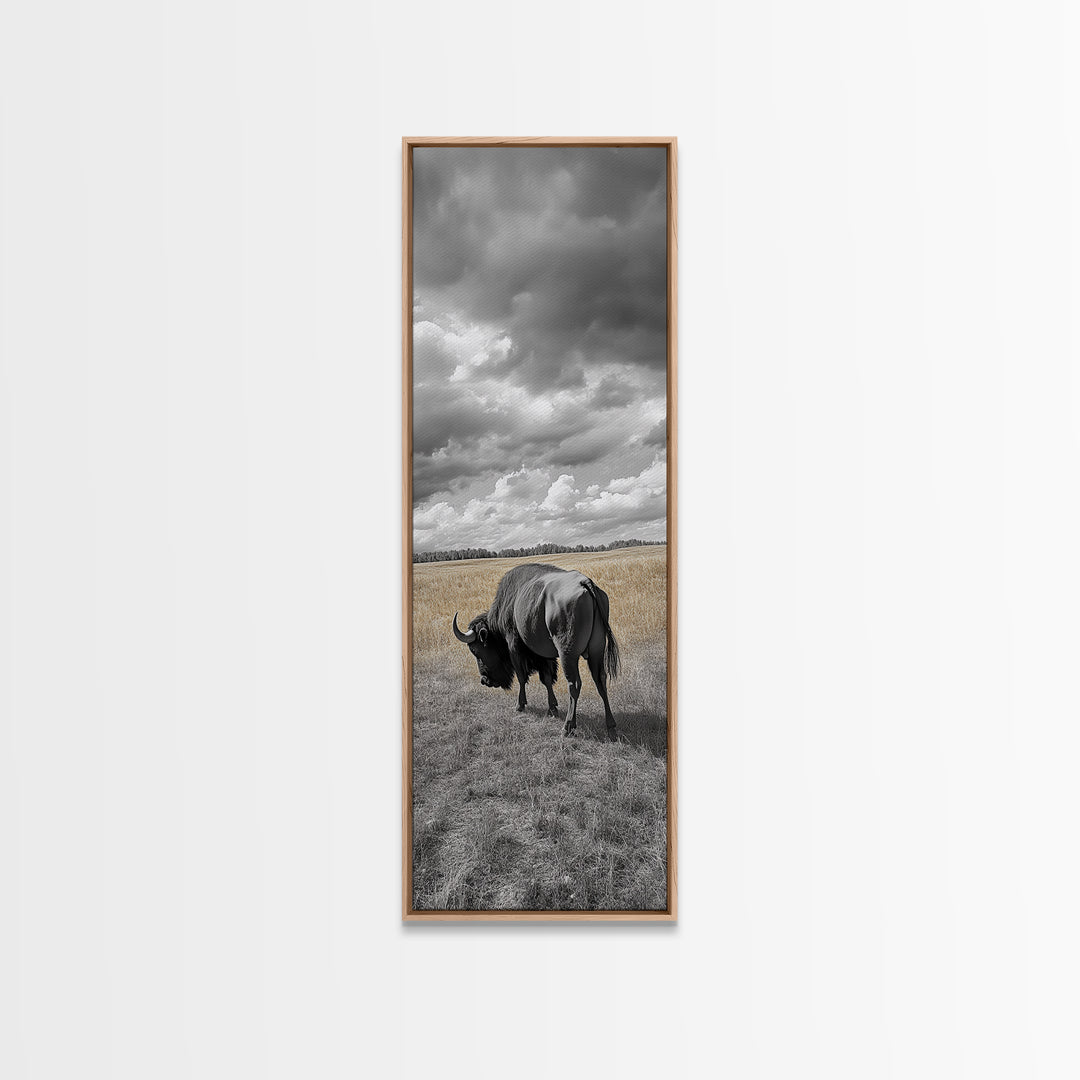 Lone Bison in Field Framed Canvas Print | Rustic Wall Art | Moody Art | Wildlife Painting | Farmhouse Decor | Southwest Wall Art | Gift Idea