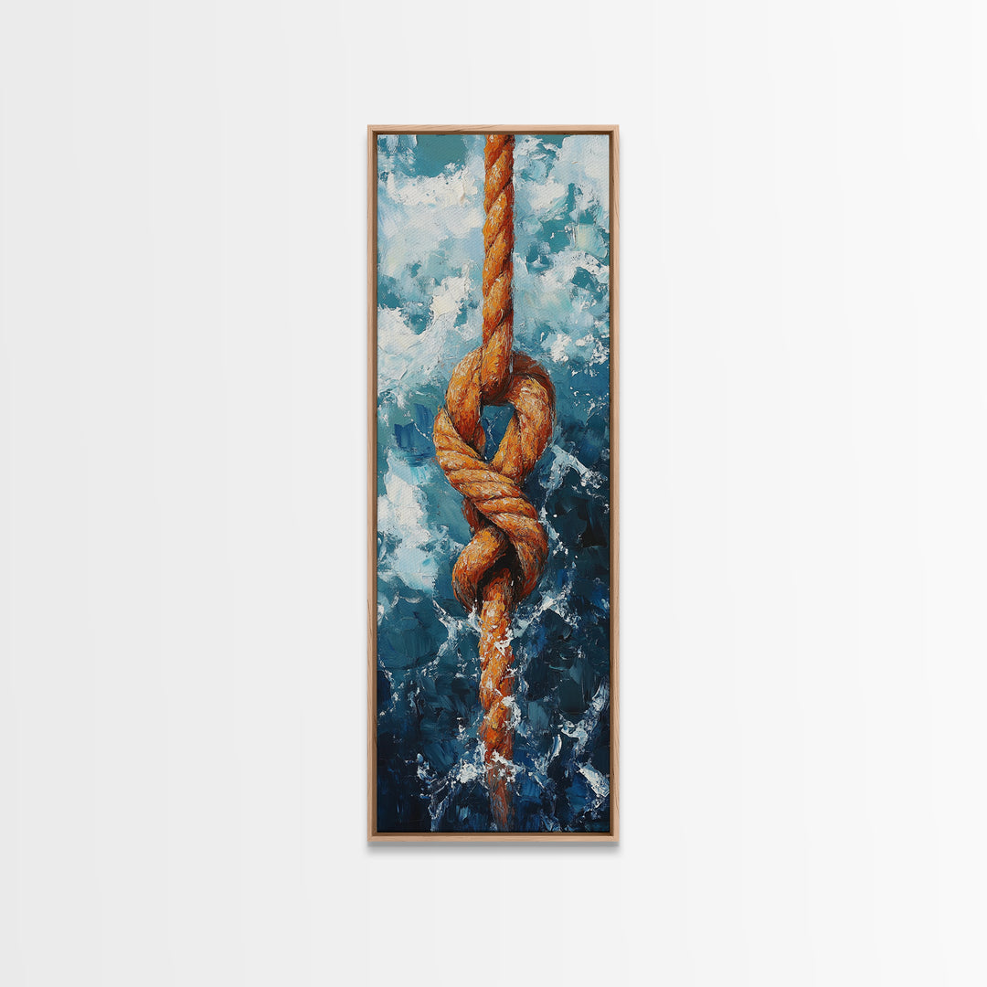 Nautical Rope Knot Painting Framed Canvas Print, Coastal Wall Art, Nautical Decor, Maritime Wall Art, Surf Wall Art, Ocean Art, Extra Wide Art, Rustic Wall Art, Moody Art, Above Couch Art, Gift Idea, Original Painting, Panoramic Art