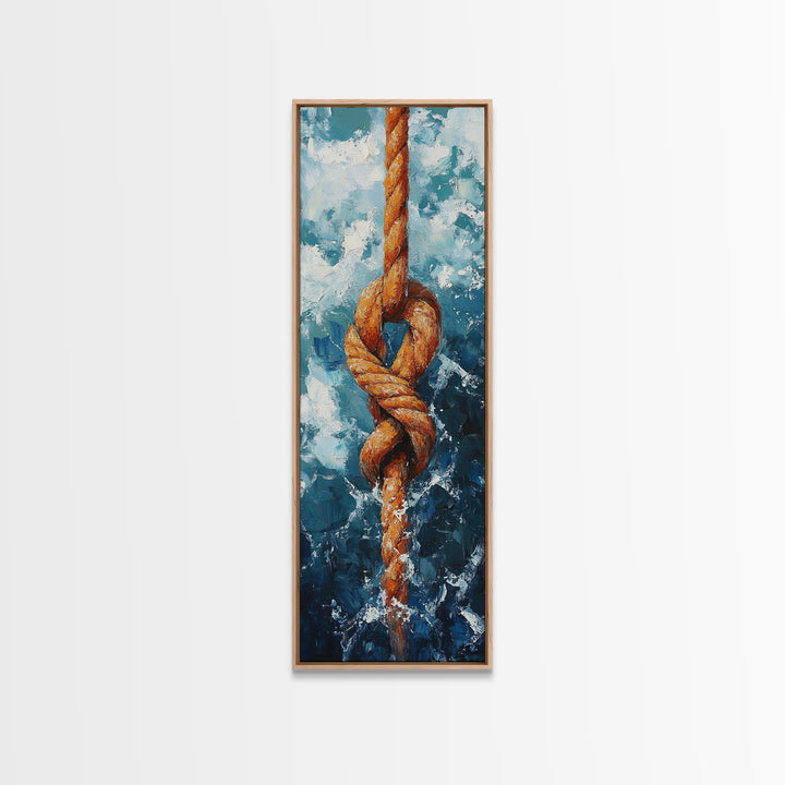 Nautical Rope Knot Painting Framed Canvas Print, Coastal Wall Art, Nautical Decor, Maritime Wall Art, Surf Wall Art, Ocean Art, Extra Wide Art, Rustic Wall Art, Moody Art, Above Couch Art, Gift Idea, Original Painting, Panoramic Art