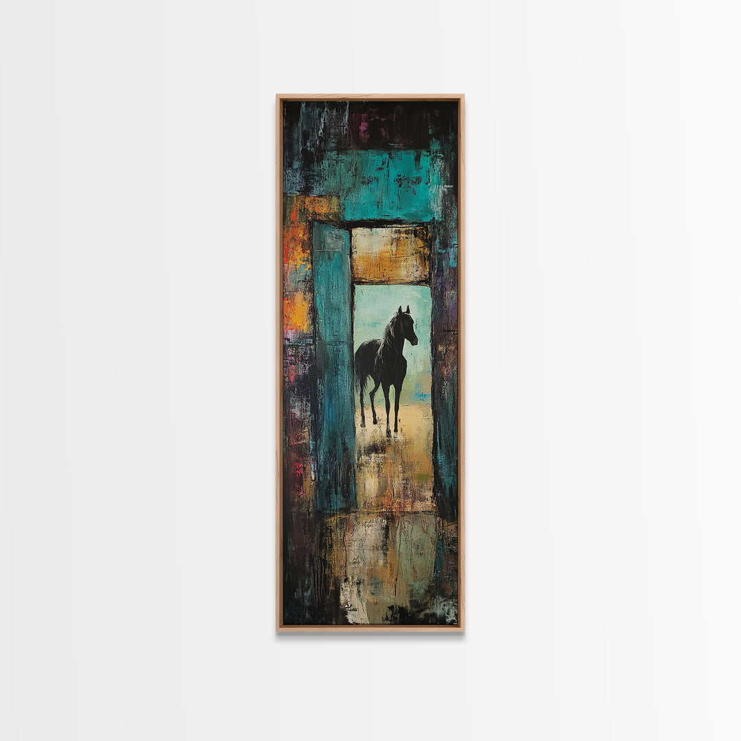 Mysterious Horse Silhouette Framed Canvas Print Moody Art Rustic Wall Art Southwest Wall Art Extra Tall Narrow Art