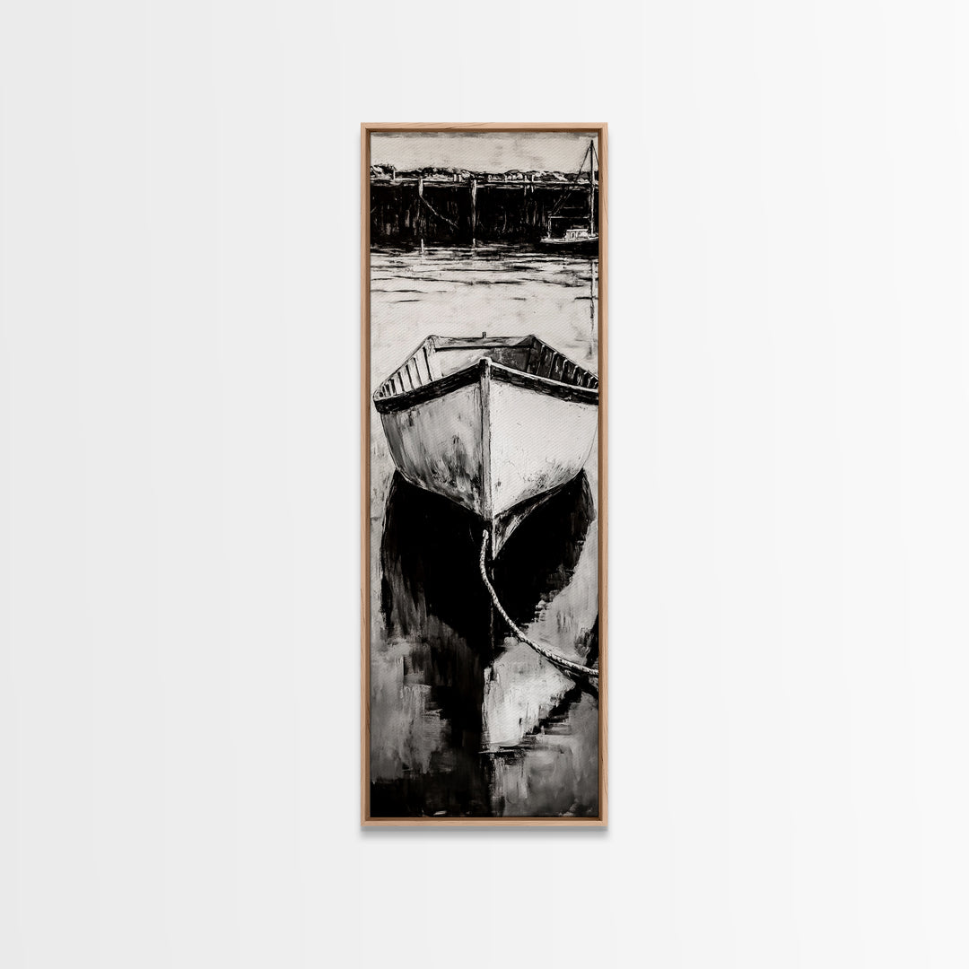 Monochrome Boat Reflection Framed Canvas Print nautical painting moody art coastal wall art nautical wall art gift idea for him