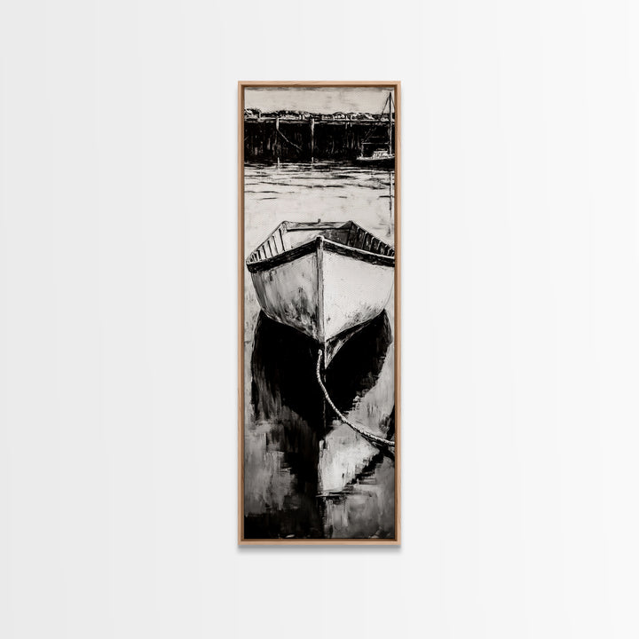 Monochrome Boat Reflection Framed Canvas Print nautical painting moody art coastal wall art nautical wall art gift idea for him