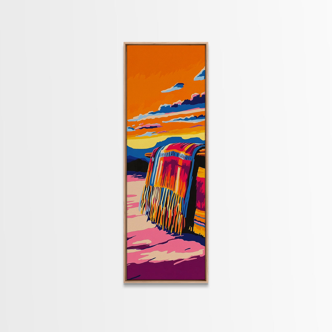 Boho Blanket at Sunset Framed Canvas Print southwest wall art warm sunset art boho art rustic decor gift idea for her