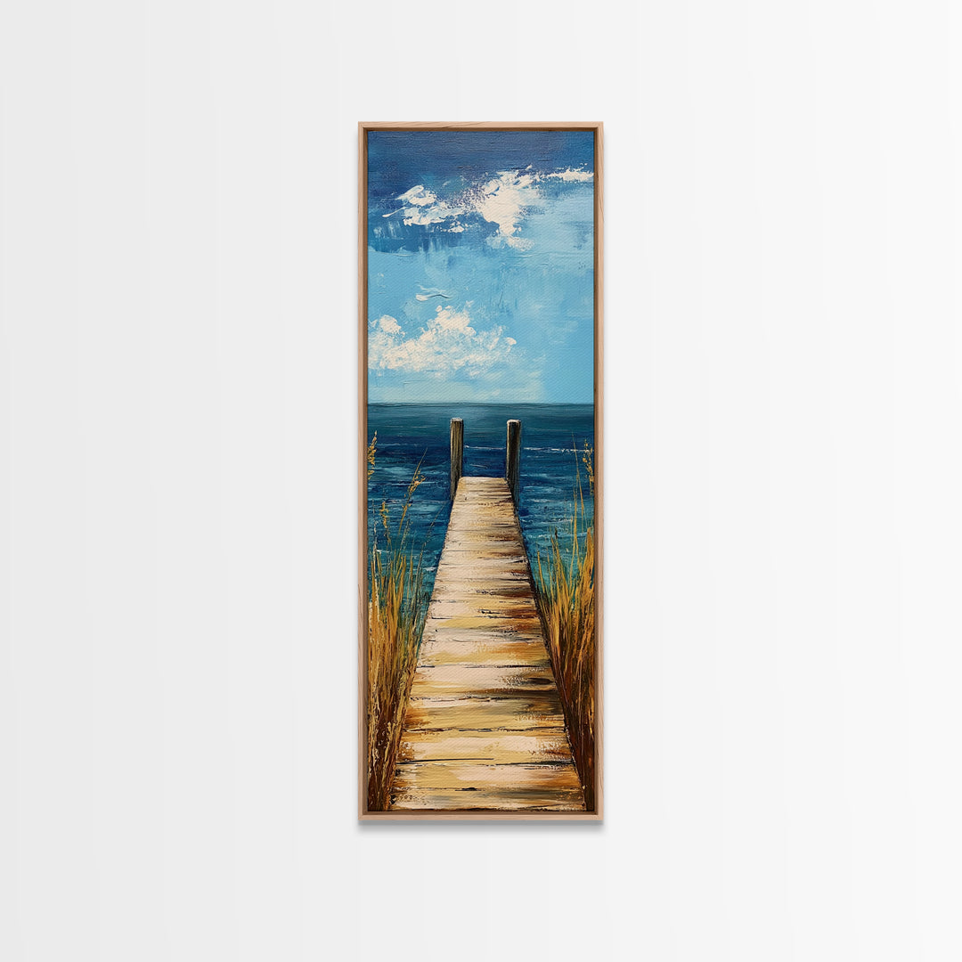Coastal Dock Painting Framed Canvas Print, Nautical Decor, Coastal Landscape Art, Seascape Painting, Blue and Green Wall Art, Bedroom Art