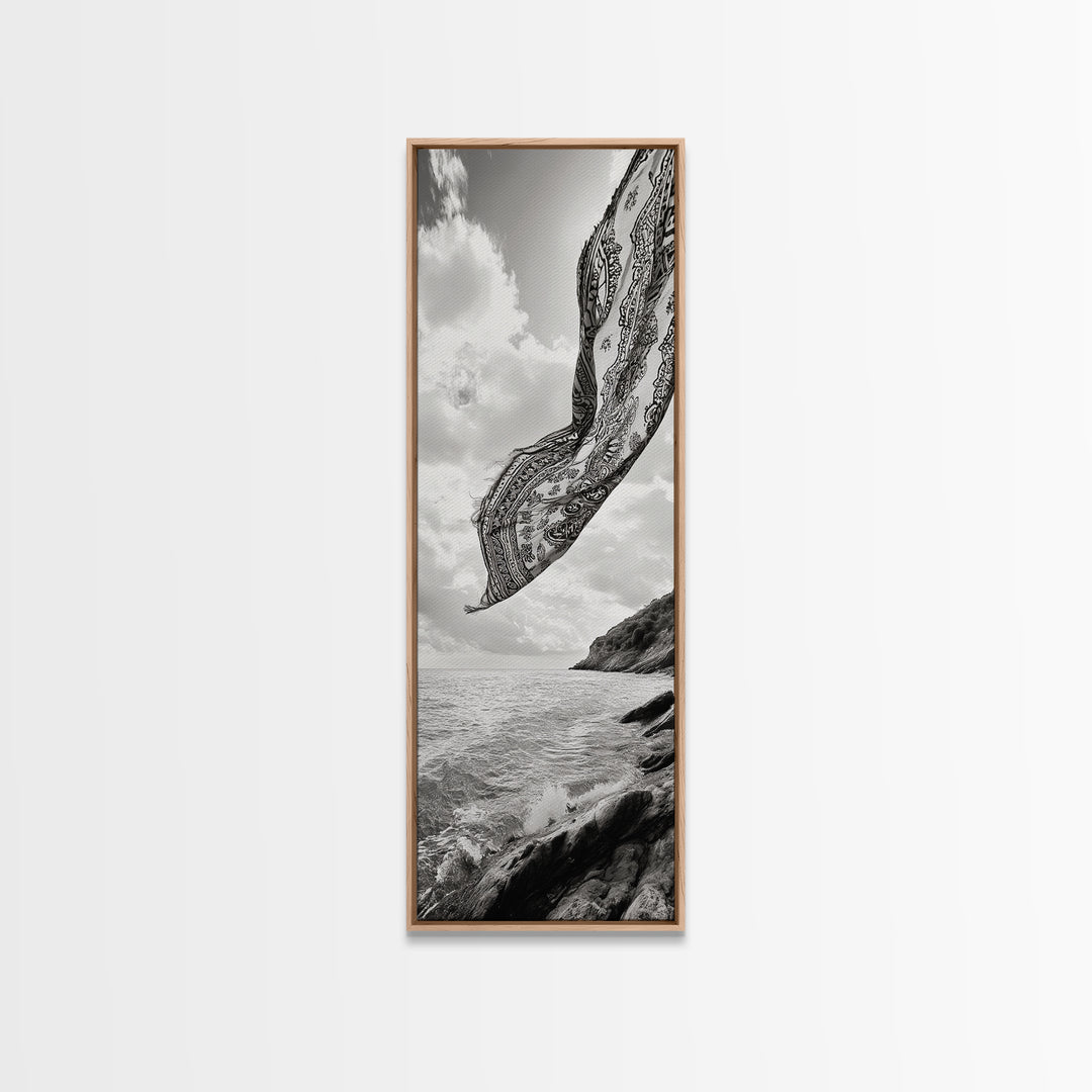 Flowing Fabric Over Ocean, Framed Canvas Print, wabi sabi art, coastal decor, boho art, minimalist art, above couch art, panoramic painting