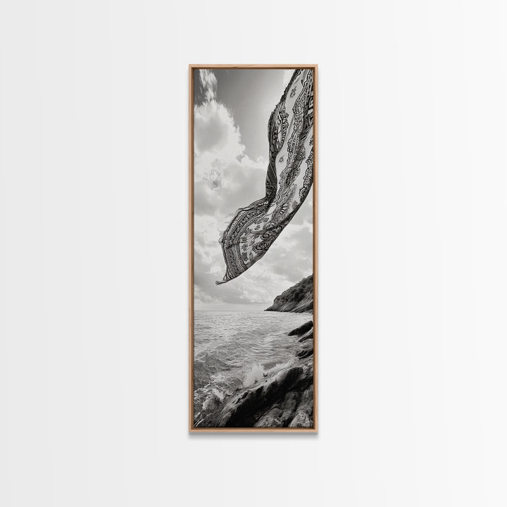 Flowing Fabric Over Ocean, Framed Canvas Print, wabi sabi art, coastal decor, boho art, minimalist art, above couch art, panoramic painting